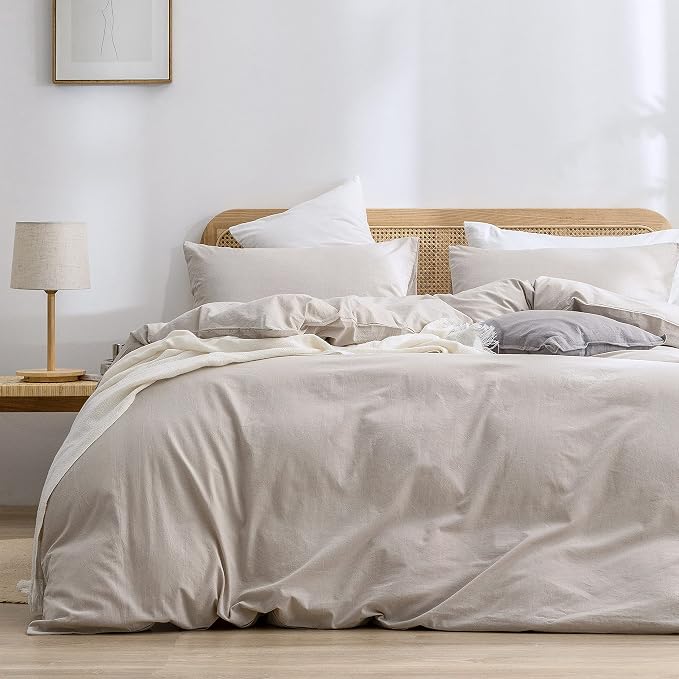 BESTOUCH Cotton Solid Duvet Cover Set Linen Feel Linen Grey Full | 100% Washed Cotton, Soft Wrinkle Texture, Hidden Zipper, 8 Ties, Breathable Lightweight Durable Comfy, 3 Pcs No Insert