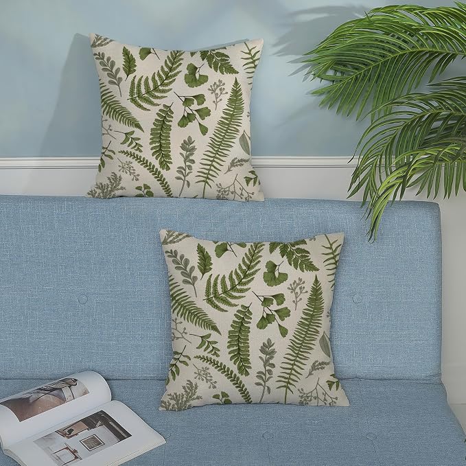 Sage Green Spring Pillow Covers 16x16 Inch 2 Pcs Vintage Leaf Plant Decor Throw Pillows Tropical Botanical Leaves Seasonal Outdoor Decoration Pillowcase Linen Cushion Cover for Couch Sofa