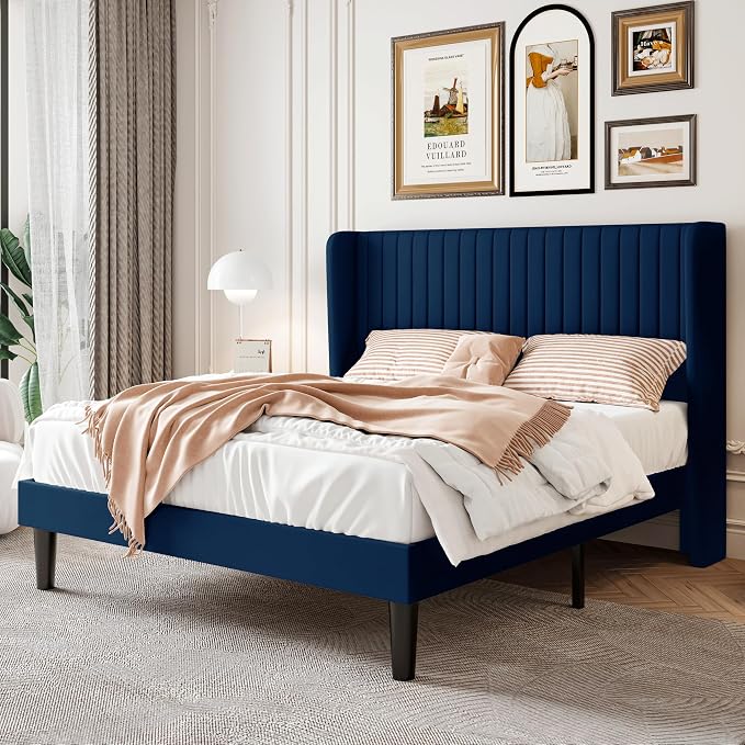 SHA CERLIN Full Size Velvet Bed Frame, Tufted Wingback Headboard, Blue | 47'' Modern Vertical Channel Headboard, Upholstered Platform Bed, Wood Slats, No Box Spring Needed, Easy Assembly, Noise Free