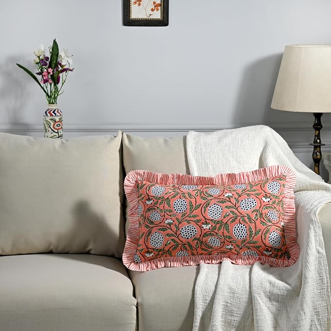 Ridhi Block Print Dark Salmon Pink Ruffle Lumbar Pillow Shams, 20" x 12" | 100% cotton, Floral Pillowcase, Cushion Cover, Hidden Zipper, Cottagecore Bedding, farmhouse boho style, fits couch, sofa,Bed