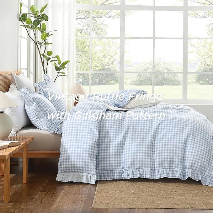 Andency Blue Gingham Duvet Cover King, Ruffle Shabby Chic Bedding Set 3 Pcs | Farmhouse Soft Pre-Washed Polyester Comforter Cover with Zipper Closure & Corner Ties, 104x90Inch