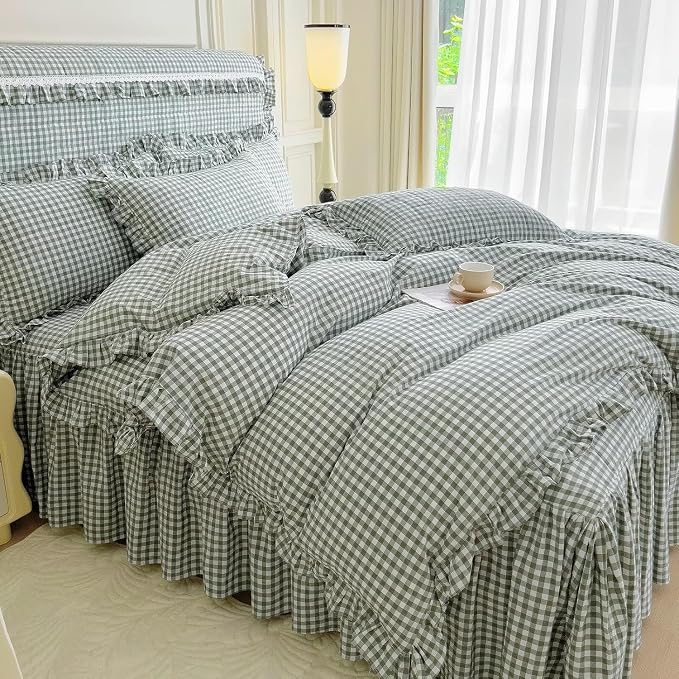 LifeTB Green Gingham Comforter Set King 3 Pieces Ruffle Plaid Comforter Set Chic Grid Bed Comforter with 2 Pillowcases Fluffy Soft Checkered Pattern Comforter Gingham Bedding Comforter King