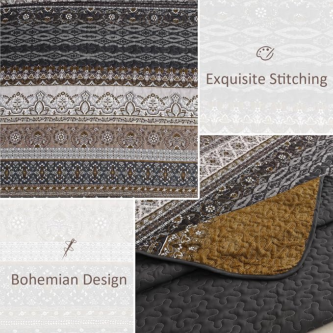 WONGS BEDDING Boho Quilt King Size,3 Pcs Bedspread Set, Brown | Colorful Bohemian Striped Printed Bedding for All Season, Lightweight Microfiber Coverlet Set with 2 Pillowcases(104"x90")