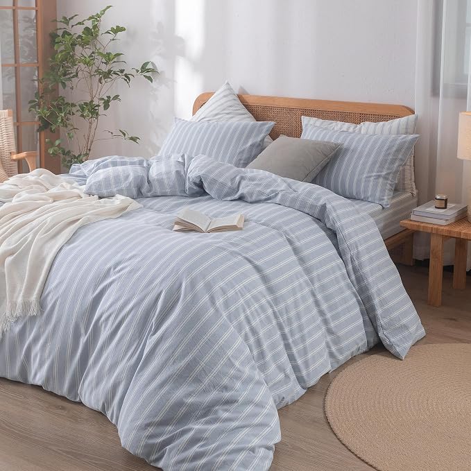 BESTOUCH Striped Cotton Duvet Cover Set Linen Feel Alaska King | 100% Washed Cotton, Soft Wrinkle Texture, Hidden Zipper, 8 Ties, Breathable Lightweight Durable Comfy, 3 Pcs No Insert