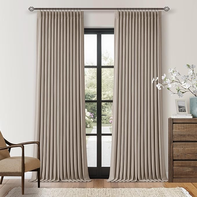 TWODRAPES Burlywood Birch Pleated Linen Blackout Curtains 112 Inches Long | Pinch Pleat for Track System, Memory Shape Drape, 100% Black Out Light Blocking, Living Room Bedroom Window Curtain, Greige