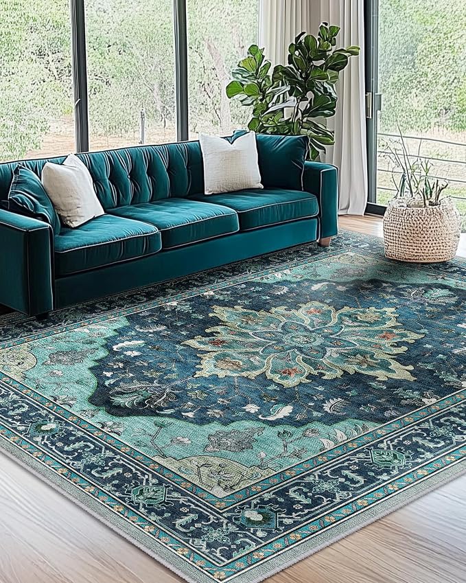 RELEANY Washable Area Rug, 7'x9', Teal | Non-Slip, Water Repellent, Pet Friendly, Easy to Clean, Vintage Floral Boho Decor for Living Room Bedroom Dining Room Office