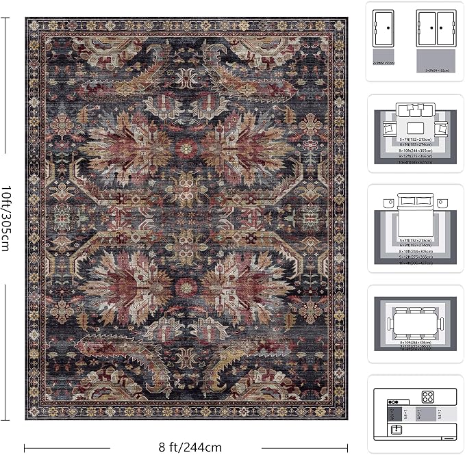 8x10 Area Rugs, Vintage Retro Soft Washable Rug, Non-Slip Low Pile Rugs for Living Room, Bedroom, Dining Room, Stain Resistant Home Decor Rug (Retro Red)