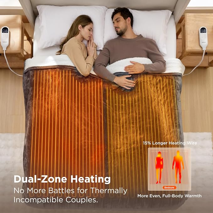 Bedsure Heated Blanket King Size, Dual Control Electric Blanket, Dark Grey | Preheat Function,6 Heat/6 Timer Settings, 8H Auto Shut-Off, ETL/FCC, Soft Flannel Sherpa, Machine Washable, 84x90in