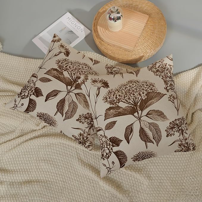 Brown Pillow Covers 18x18 Inch 2 Pcs Boho Vintage Floral Decor Throw Pillows Hydrangea Flower Seasonal Outdoor Farmhouse Neutral Accent Decoration Pillowcase Linen Cushion Cover for Couch