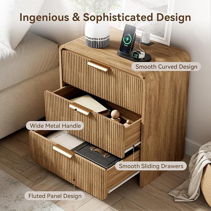 24" 3 Drawers Fluted Nightstand, Light Walnut | 3 Drawers Bedside Table, Metal Handles & Charging Station, Curved Profile End Table for Bedroom