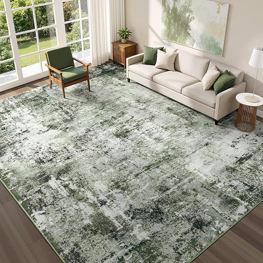 Rugflix 8x10 Area Rugs for Living Room, Washable Dark Green Large Rug | Machine Washable; Stain-Resistant; Low Pile; Non-Slip; Modern Abstract; Carpet for Bedroom Dining Office Nursery Home