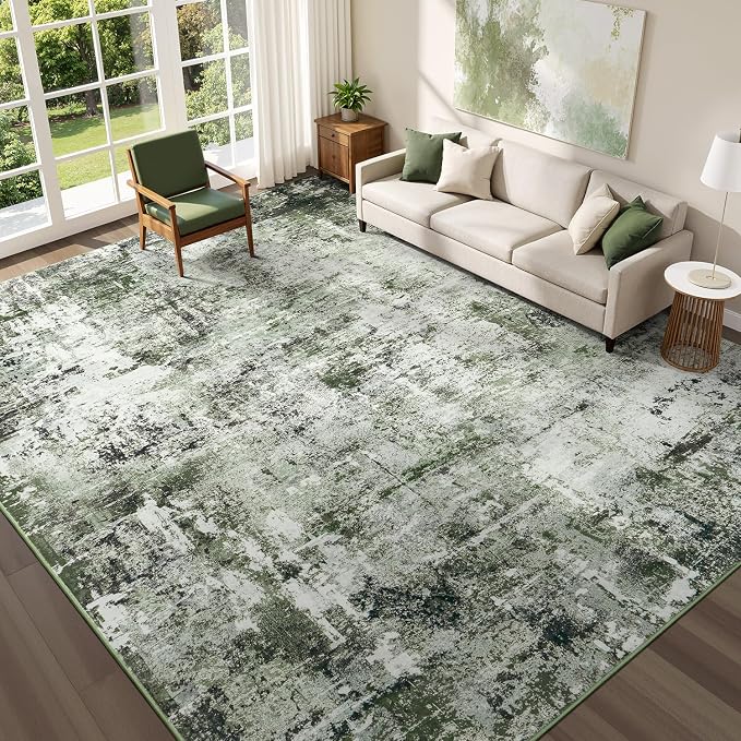 Rugflix 6x9 Area Rugs for Living Room, Washable Dark Green Large Rug | Machine Washable; Stain-Resistant; Low Pile; Non-Slip; Modern Abstract; Carpet for Bedroom Dining Office Nursery Home