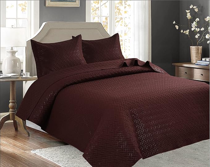 Legacy Decor 3 Pcs Quilt Coverlet All Season King/Cal-King, Brown | Pinsonic Finish, All Season, Oversized, Brown Color, 3 PCS Set, Bedspread Quilt Coverlet