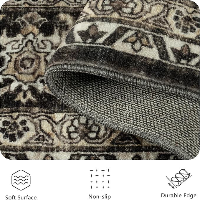5x7 Area Rugs - Washable Vintage Retro Living Room Rug, Soft Ultra Thin Non Slip Low Pile Traditional Distressed Boho Carpet for Bedroom Dining Room Nursery Home Office, Brown