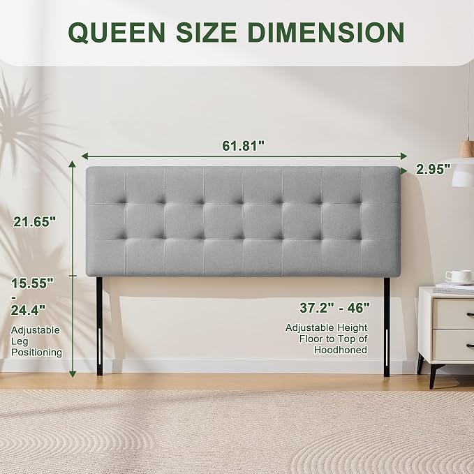 Linen Stitched Tufted Queen Headboard, Adjustable Height 37.2-46 in, Gray | Wood Twin Headboard Only, Padded Support for Reading, Relaxing or Working in Bed, Stable Non-Slip Design, Fits Bed Frame