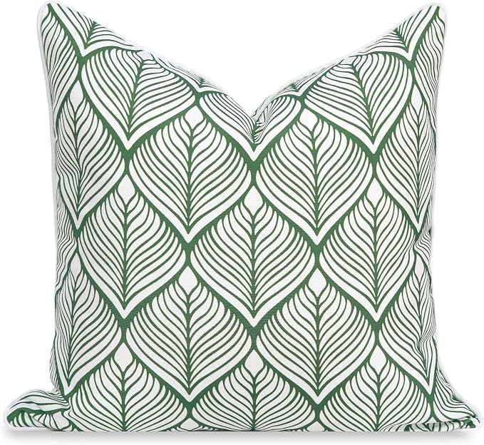 Hofdeco Premium Coastal Patio Indoor Outdoor Throw Pillow Cover Only, 20"x20" Water Repellent for Backyard, Couch, Green Print Geometric Leafs