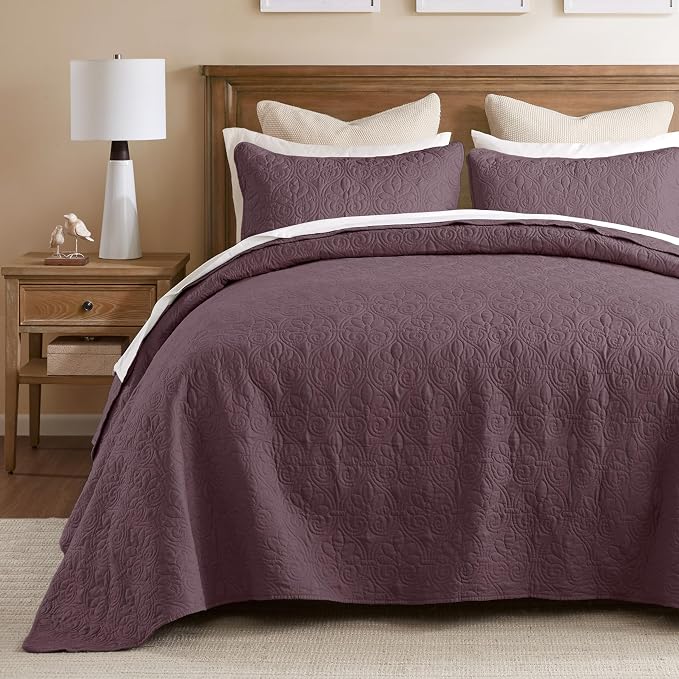 Madison Park King Quilt Bedding Set, Cottage-Inspired Damask, 3PC | All Season Quilted Coverlet, Classic Stitch Pattern Bedspread & Shams, Ultra Soft Microfiber Bedspread Set, Purple