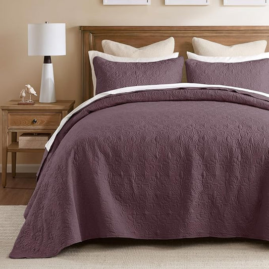 Madison Park King Quilt Bedding Set, Cottage-Inspired Damask, 3PC | All Season Quilted Coverlet, Classic Stitch Pattern Bedspread & Shams, Ultra Soft Microfiber Bedspread Set, Purple
