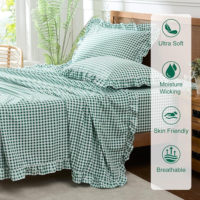 Gingham Full Sheet Set, Lightweight Super Soft Brushed Microfiber Plaid Bed Sheets with 16" Deep Pocket, 4 Piece Ruffle Farmhouse Bedroom Decor, Green