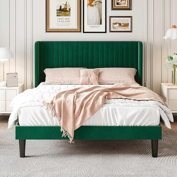 SHA CERLIN Full Size Velvet Bed Frame, Tufted Wingback Headboard, Green | 47'' Modern Vertical Channel Headboard, Upholstered Platform Bed, Wood Slats, No Box Spring Needed, Easy Assembly, Noise Free