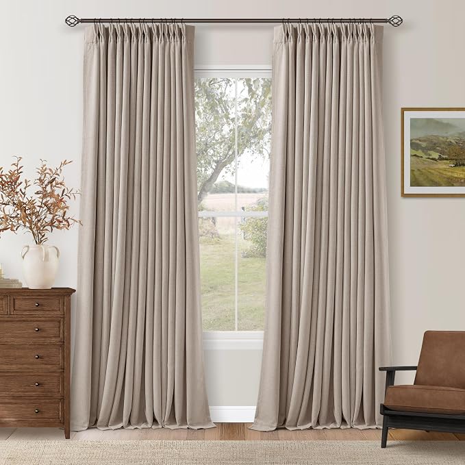Burlywood Birch 94 Inch Long Blackout Curtains Thick Linen Pinch Pleated | 100% Black Out, Light Blocking, Energy Saving, Pinch Pleat with Back Tab, 94 Inch Window Drapes for Bedroom Living Room