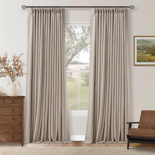 Burlywood Birch 94 Inch Long Blackout Curtains Thick Linen Pinch Pleated | 100% Black Out, Light Blocking, Energy Saving, Pinch Pleat with Back Tab, 94 Inch Window Drapes for Bedroom Living Room