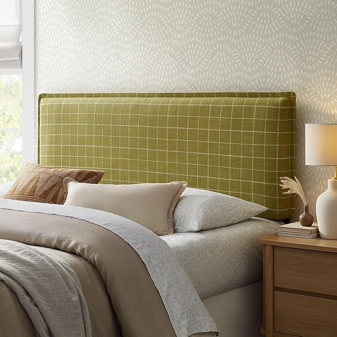 Modway Camille King Size Checkered Linen Blend Plaid Headboard with Removable Slipcover – in Artichoke Windowpane Check - Padded Pillow Style Headboard with Adjustable Mounting for King Beds