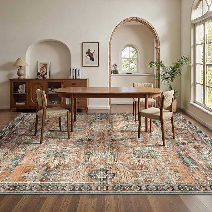 8x10 Area Rugs, Vintage Retro Soft Washable Rug, Non-Slip Low Pile Rugs for Living Room, Bedroom, Dining Room, Stain Resistant Home Decor Rug (Vintage Orange/Brick)