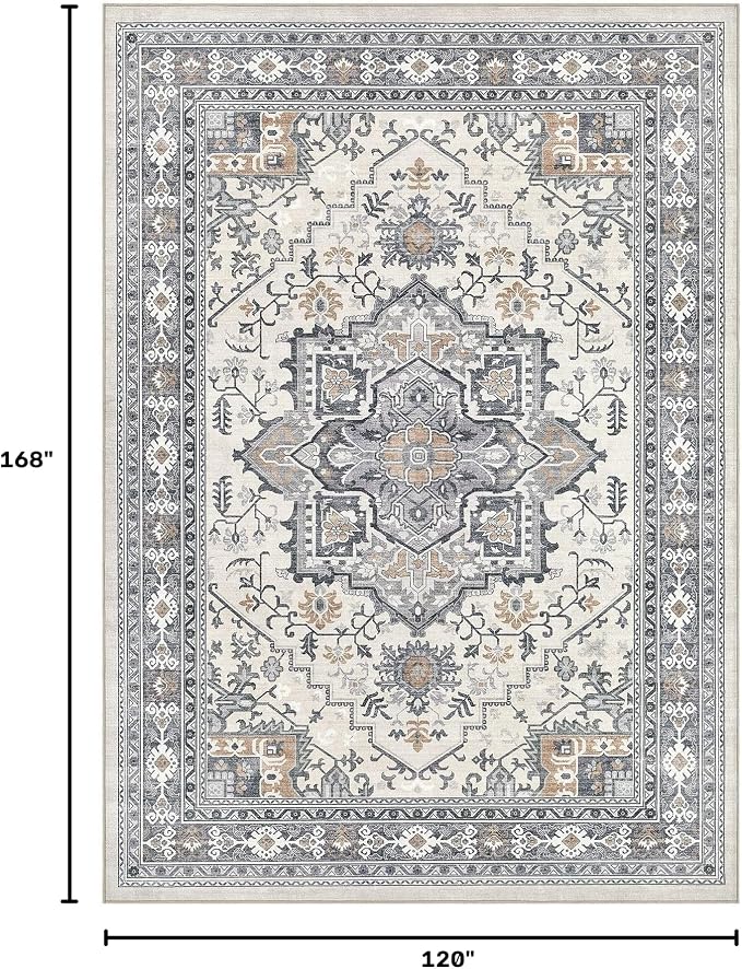 UERMEI 10x14 Area Rug Living Room Rugs - Washable Vintage Soft Large Rug Indoor Floor No Slip Rug Carpet for Bedroom Farmhouse Under Dining Table Home Office Decor - Grey-Orange