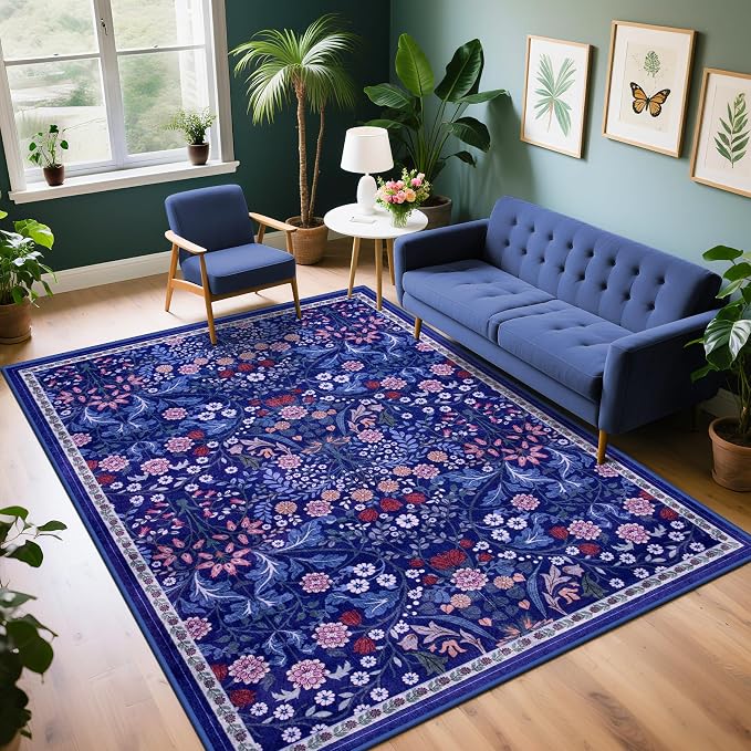 PLHXFR 6x9 Area Rug Living Room: Floral Washable Boho Soft Carpet Blue | For Bedroom Dining Room Farmhouse Nursery Hallway,Vintage Floral,Machine washable,Non Slip,Stain Resistant,Large Indoor