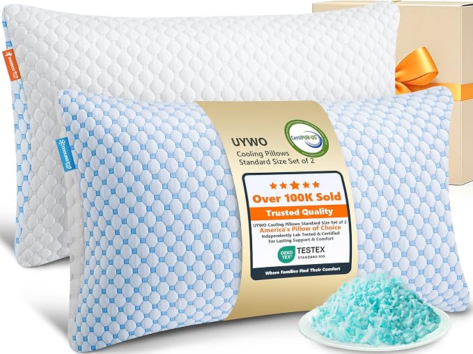 UYWO Cooling Memory Foam Pillows Standard Size Set of 2, Blue | Firm/Soft Cooling Bed Pillows for Side/Back/Stomach Sleepers, Ergonomic Neck Support Pillow