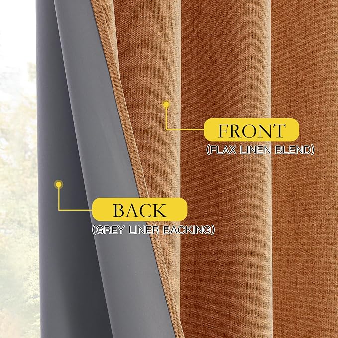 NICETOWN 100% Blackout Linen Curtains 90 inch Long 2 Panels, Burnt Orange | Warm Bedroom Curtains Thermal Insulated, Noise Reducing, Privacy Protection, Halloween Atmosphere Decoration, W52" x L90"