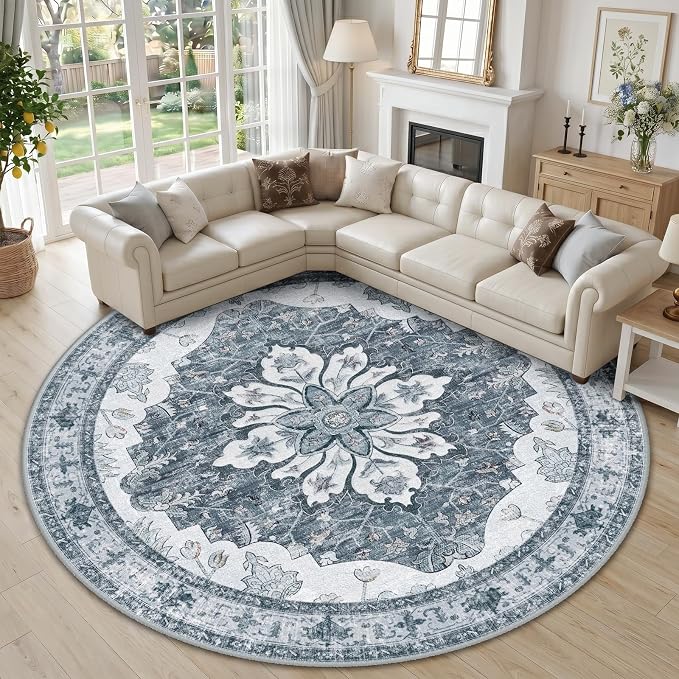 RELEANY Washable Area Rug, Round 10ft, Grey/White/Beige | Non-Slip, Water Repellent, Pet Friendly, Easy to Clean, Vintage Floral Boho Decor for Living Room Bedroom Dining Room