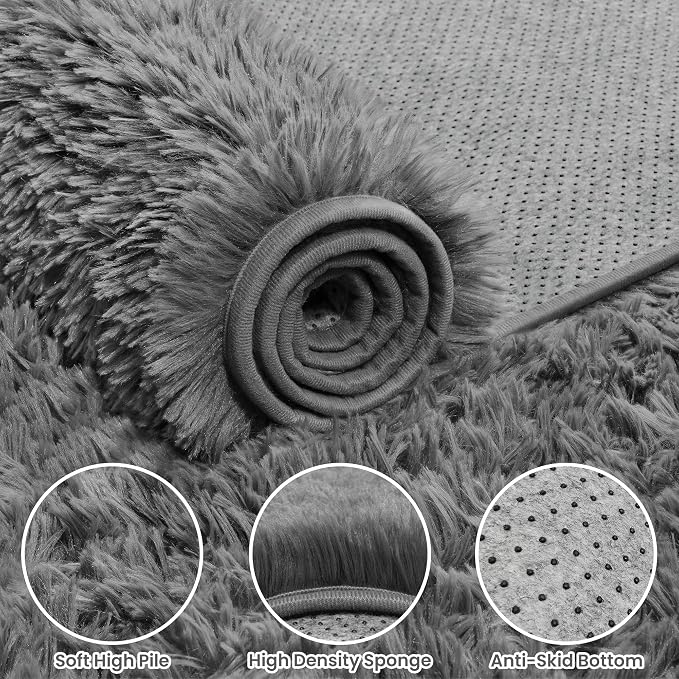 6x9 Fluffy Shag Area Rugs for Living Room Bedroom: Soft Carpet Light Gray | Upgraded Non-Slip Thick Memory Foam, Ultra Soft, Non-Shedding Fuzzy Carpet, Easy Clean Decor for Kids Room, Nursery, Playroom