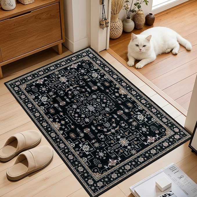 2x3 Area Rugs Living Room: Washable Vintage Rug for Bedroom Black | Boho No Slip Stain Resistant Rug Soft Indoor Decor Floor Floral 2x3 Area Rugs for Dining Room, Nursery, Hallway, Home Office