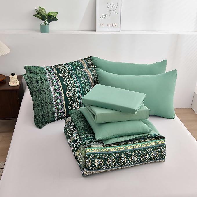Boho Green Comforter Set King Size,8 Piece Bed in a Bag Bohemian Striped Bedding Quilt Set,Dark Green Paisley Floral Comforter and Sheet Set,Soft Microfiber Complete Bedding Sets for All Season