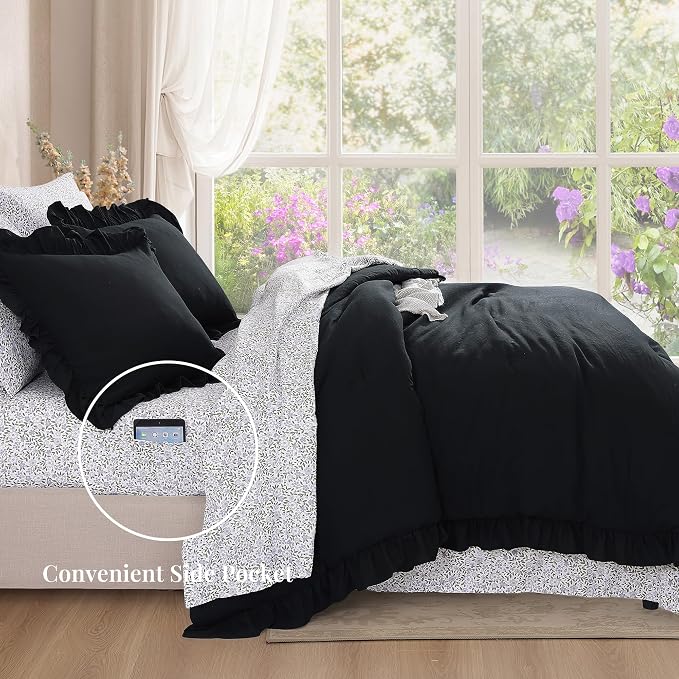 King Size Comforter Set-7 Pieces Ruffle Bedding Floral Sheet | Black Bed in a Bag, Soft Lightweight All Season Farmhouse King Size Bedding Sets with Floral Sheets, Pillowcases & Shams