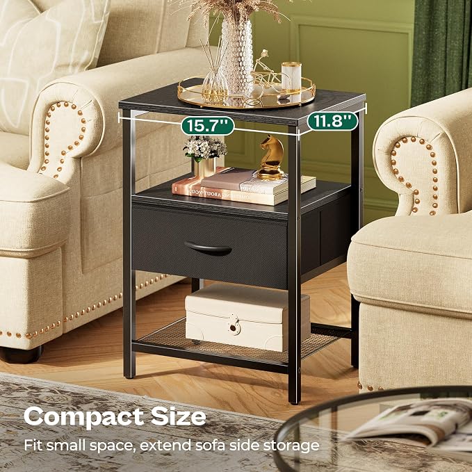 Huuger Night Stand with 2 Drawers, Bed Side Table with Open Shelf | Bedroom Nightstand, Fabric Drawer Dresser, Metal Frame, Couch Side, Living Room, Black