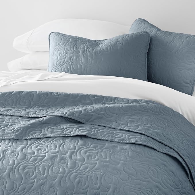 Merit Linens Modern Quilt Coverlet Soft Set in Floral Stitching - Twin/TwinXL Dusk Blue