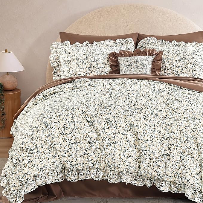 Full Size Comforter Sets-7 Pieces Floral Ruffle Bedding Set | Beige Ditzy Bed in a Bag, Soft Lightweight All Season Farmhouse Full Size Bedding Sets with Sheets, Pillowcases & Shams