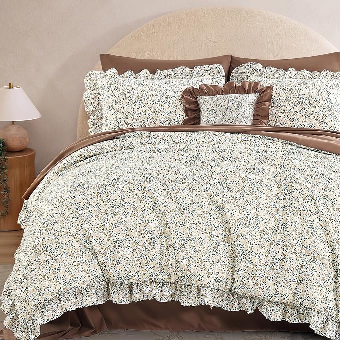 Twin XL Comforter Set-5 Pieces Floral Ruffle Bedding Set | Beige Ditzy Bed in a Bag, Soft Lightweight All Season Farmhouse Twin XL Bedding Set with Sheets, Pillowcases & Shams