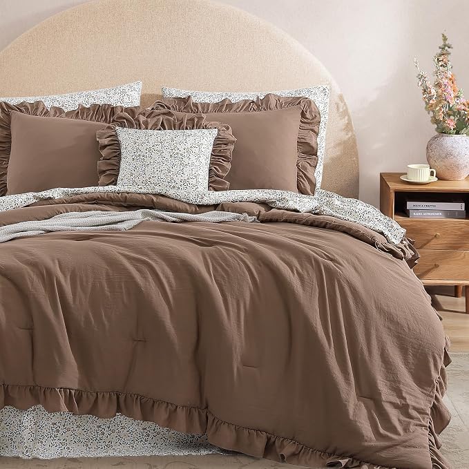 King Size Comforter Set-7 Pieces Ruffle Bedding Floral Sheet | Brown Bed in a Bag, Soft Lightweight All Season Farmhouse King Size Bedding Sets with Floral Sheets, Pillowcases & Shams