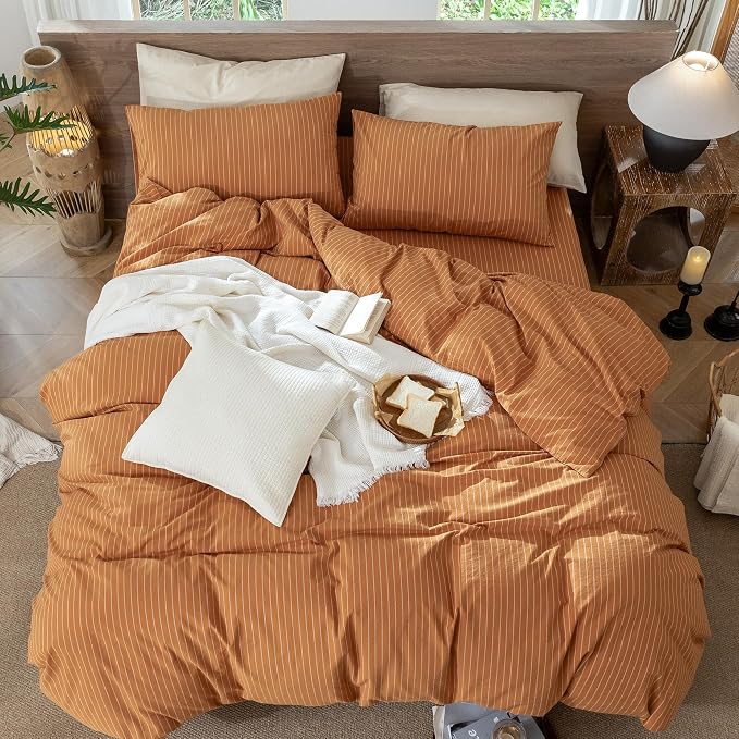 MooMee Striped Duvet Cover Set 100% Washed Cotton Linen Like King | Relaxed Linen-like Texture. Soft, Breathable & Long-lasting Comfort. Lightweight. Hidden Zipper with 8 Interior Corner Ties