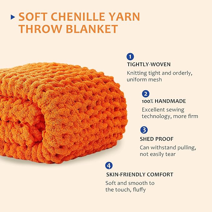 L'AGRATY Chunky Knit Throw Blanket for Couch 72'' x 84'' Knit Throw, Orange | Handmade Chenille Crochet Blanket for Sofa Bed, Thick Cable Knitted Blankets for Room Home Decor, Birthday Gift for Women Mom