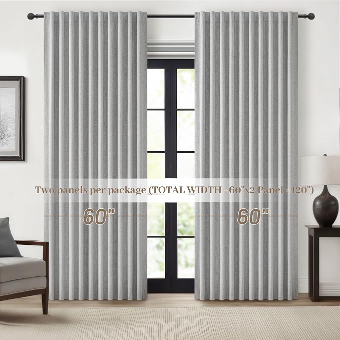 QJmydeco Grey Curtains 60 Inch Length Wide Pleated Blackout Curtain for Sliding Glass Door/Living Room, Farmhouse Linen Thick Boho Bedroom Heavy Insulated Large Window Drapes (60" Wx90 Lx2Panels)