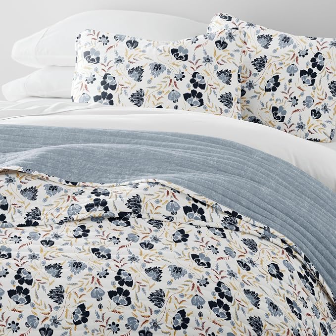 Merit Linens 3 Piece Quilt Set - Super Soft - Lightweight - All Season Quilted Coverlet - Timeless Patterns - Full/Queen Light Blue