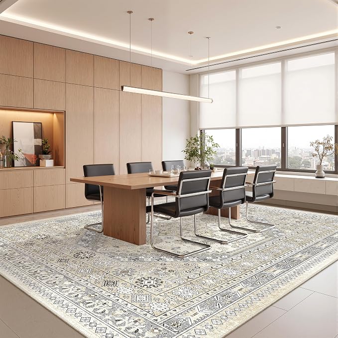 10x14 Area Rugs for Living Room,Large Washable Rug,Beige | Rugs for Bedroom,Dining Room,Office,Low Pile,Soft, Vintage Rug,Stain Resistant Indoor Carpet,Non Slip,Home Decor