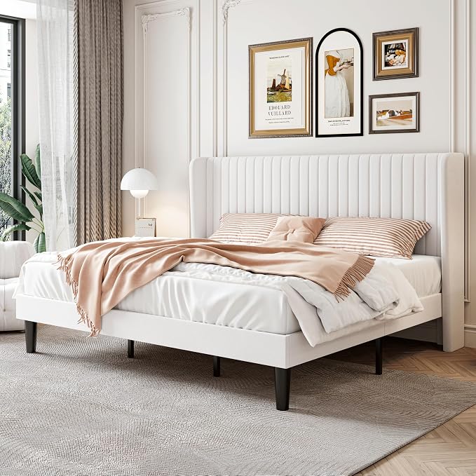 SHA CERLIN King Size Velvet Bed Frame, Tufted Wingback Headboard, White | 47'' Modern Vertical Channel Headboard, Upholstered Platform Bed, Wood Slats, No Box Spring Needed, Easy Assembly, Noise Free
