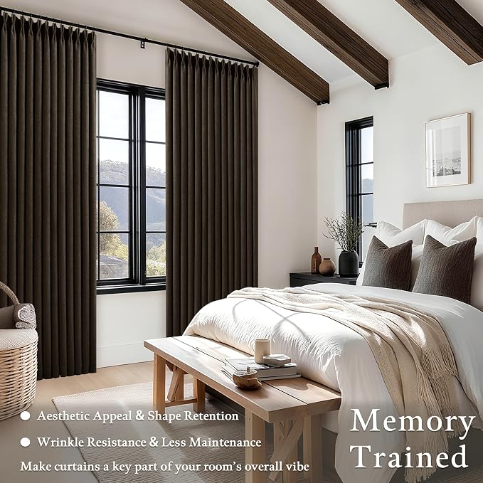 Dark Brown Pleated Double Layer Thick Linen Curtains 90 Inches Long | for Bedroom Living Room, Memory Trained, Pinch Pleat, 100% Blackout, Thermal Noise Blocking, Rustic Windows Drapes 2 Panels