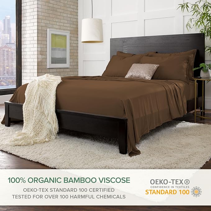 Pure Bamboo Split King Sheets, Genuine 100% Organic Viscose Derived from Bamboo Bed Sheet Set, Soft & Cooling, Double Stitching, 2 Fitted Sheets (Split King, Coconut Husk)